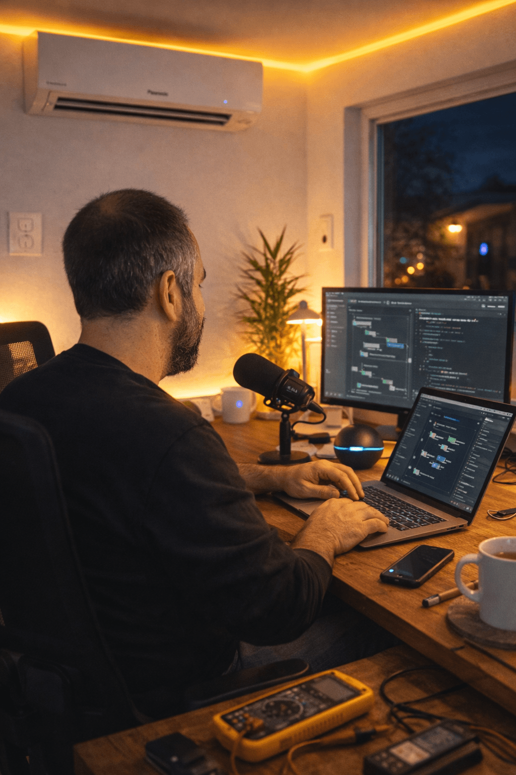Ik aan mijn bureau, bezig met flows, code en smart home automatisatie.